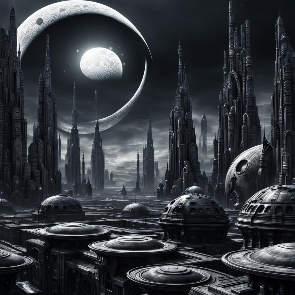 Monochromatic Alien Cityscape in Giger Style