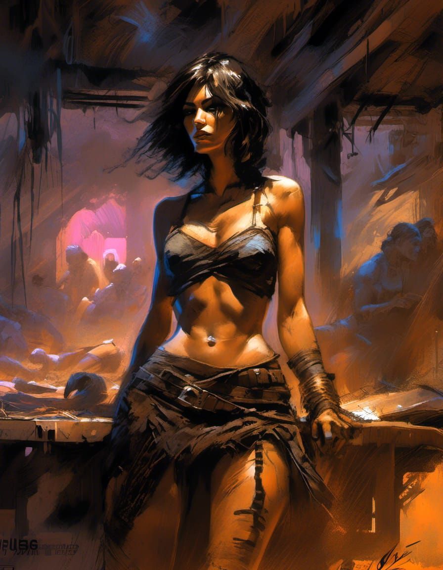 Beautiful warrior girl in a slum