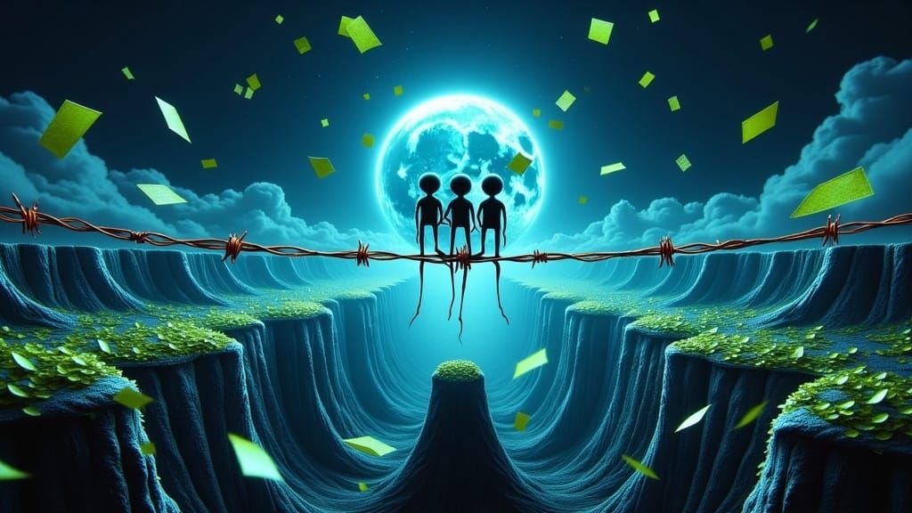 Giacometti Aliens on Barbed Wire in Surreal Abyss