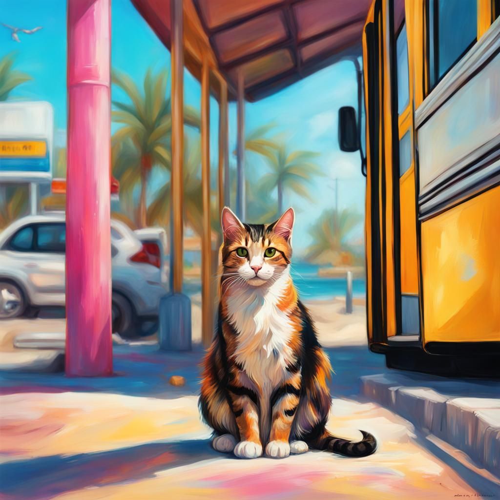 Cat Waiting at Bus Stop on Crowded Beach