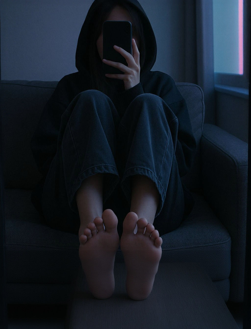 Moody Night: Girl's Mirror Selfie with Neon Lighting