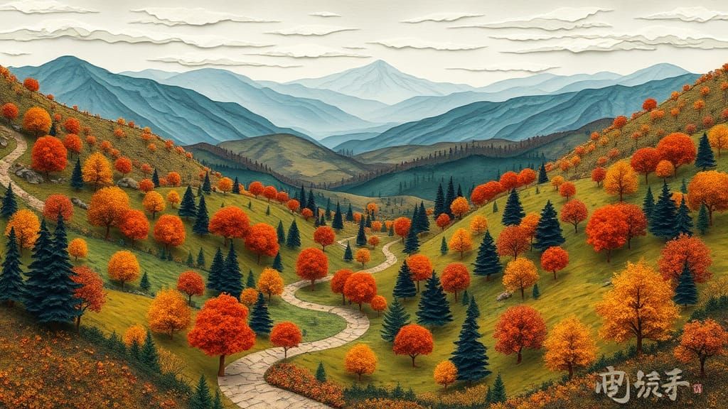 Autumn Valley Paper Collage Inspired by Hokusai