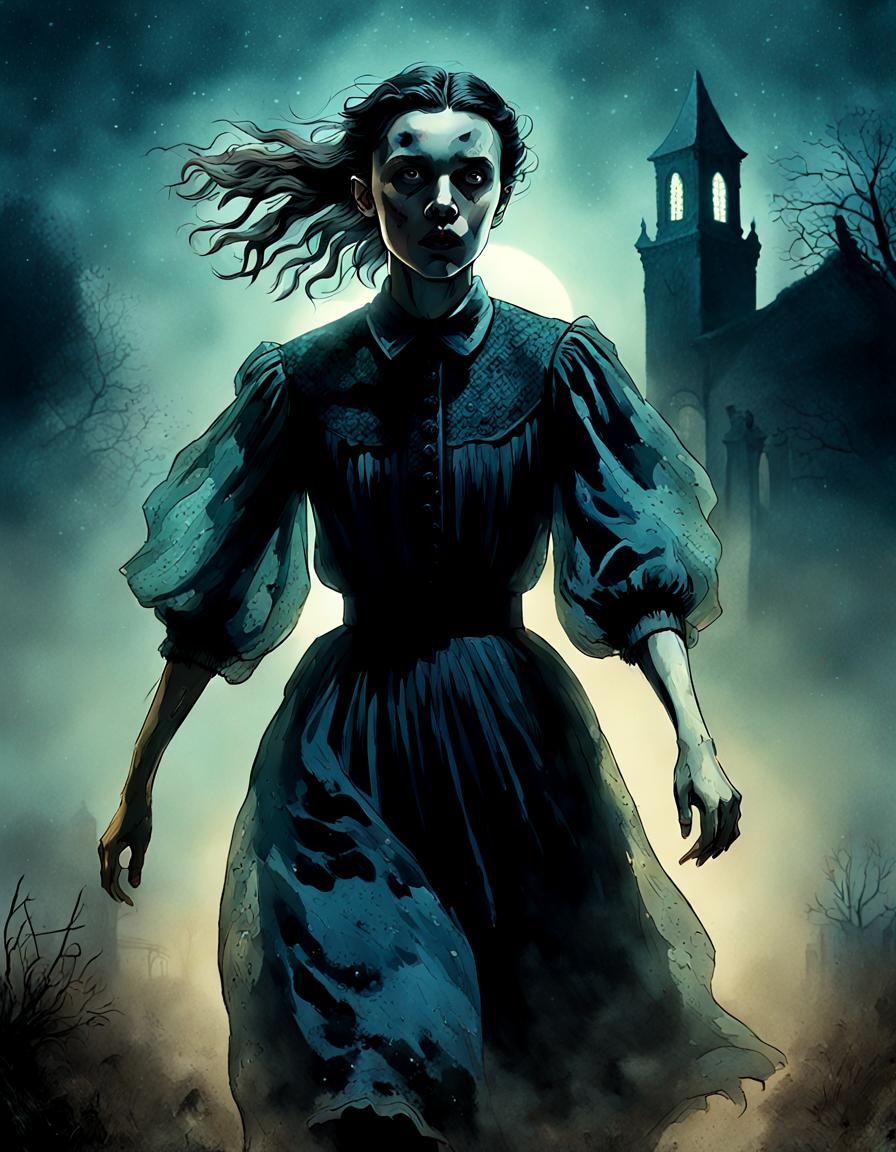 Mina Harker Runs Through Misty Graveyard