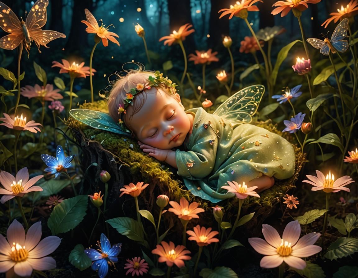Fairy Baby Sleeping in Magic Forest at Night