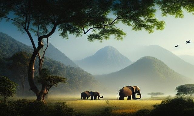 Elephants in Jungle Landscape with Volumetric Lighting