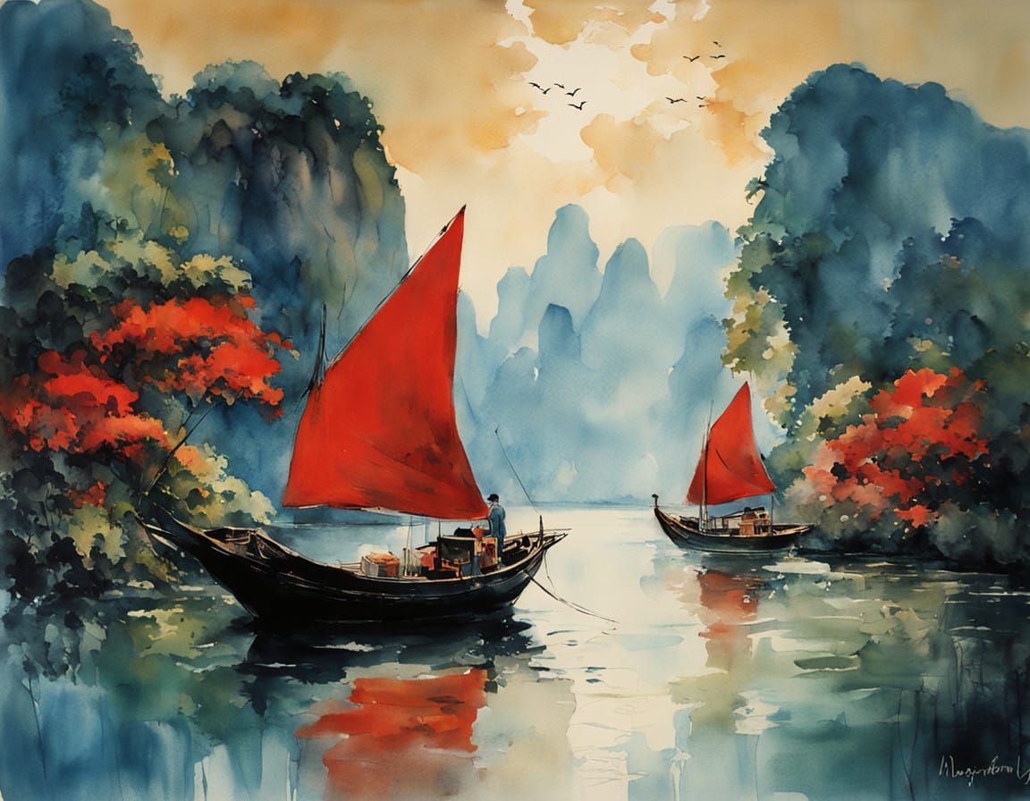 Vintage Watercolor Landscape of Ha Long Bay