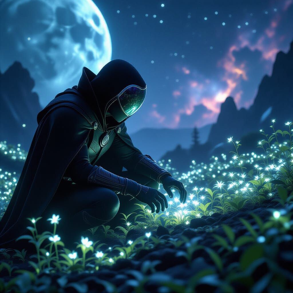 Vampire Tends Bioluminescent Garden on Terraformed Moon