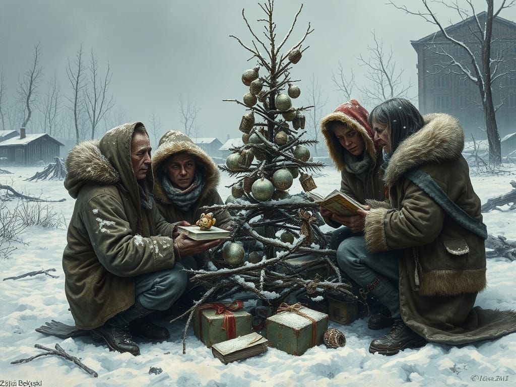 Frost-bitten Survivors Exchange Crude Gifts in Desolate Post...