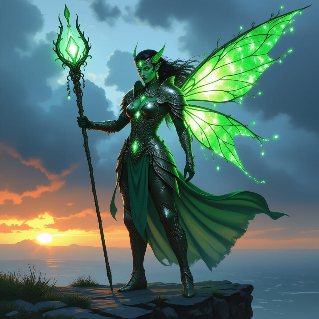 Fierce Fairy Warrior with Emerald Wings