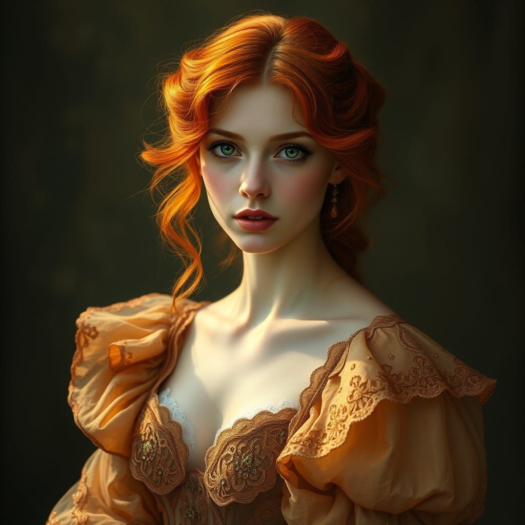 Ethereal Pre-Raphaelite Beauty with Emerald Eyes
