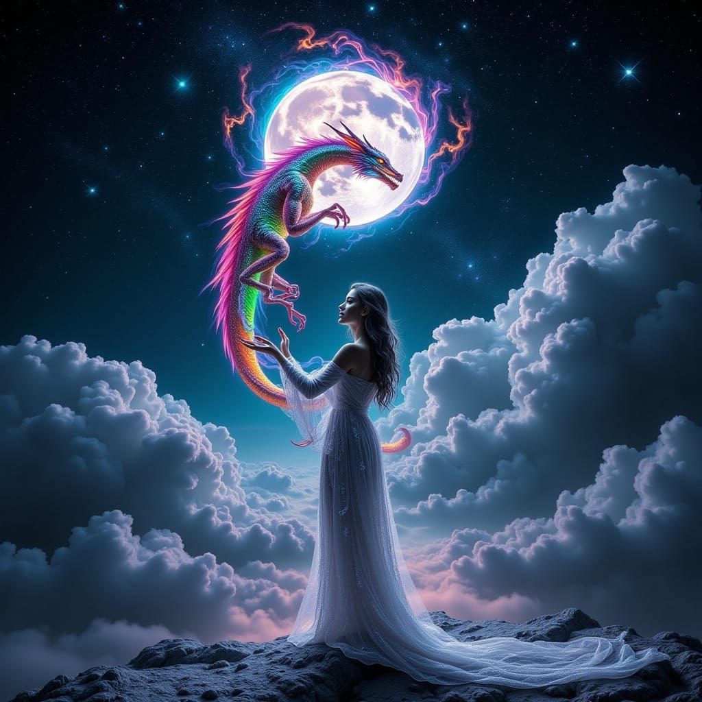 Ethereal Goddess Embracing Majestic Rainbow Dragon
