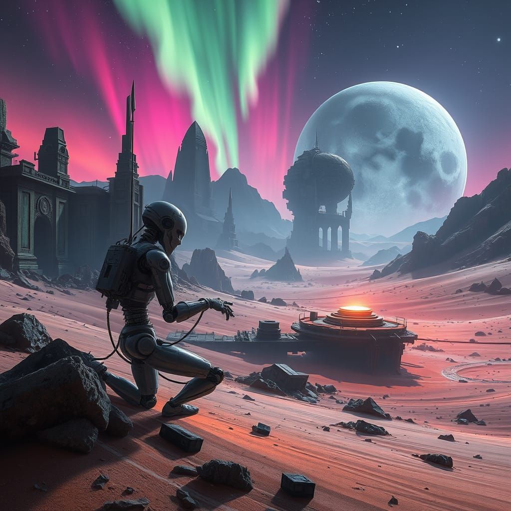 Robot Kneels in Ruined Sci-Fi Metropolis