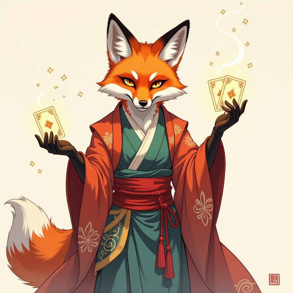 Mystical Fox Spirit Conjuring Cards in Dreamlike Style
