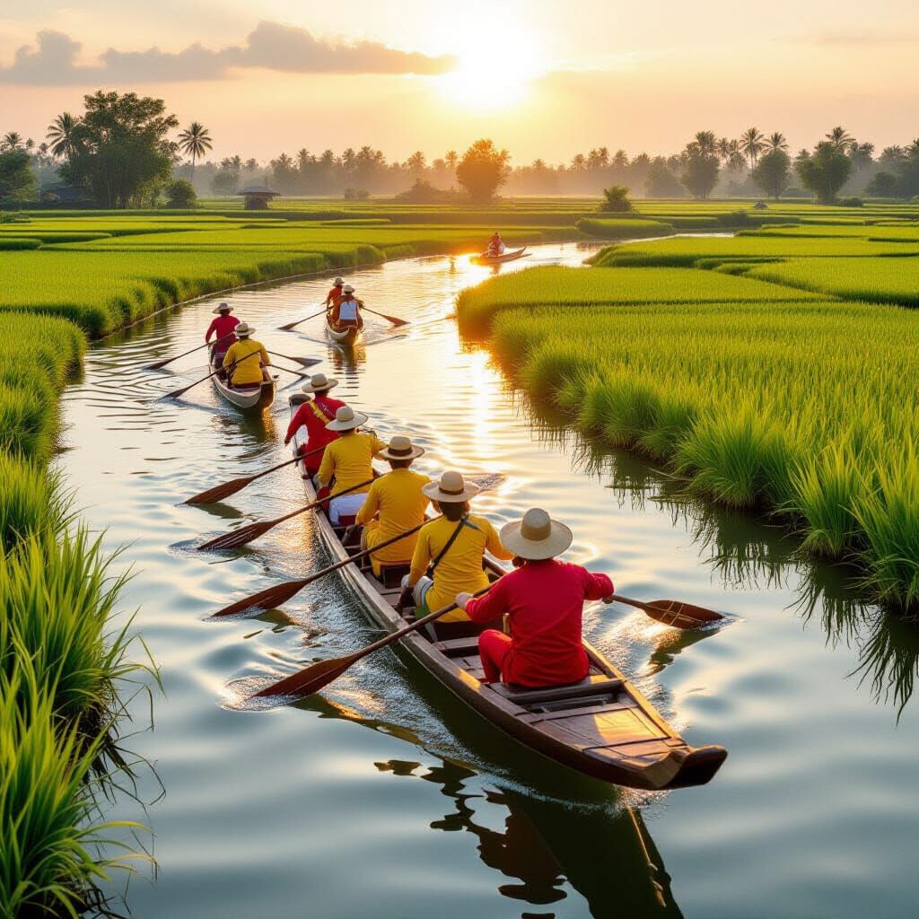 Indonesian Boat Race Through Aura Rice Fields