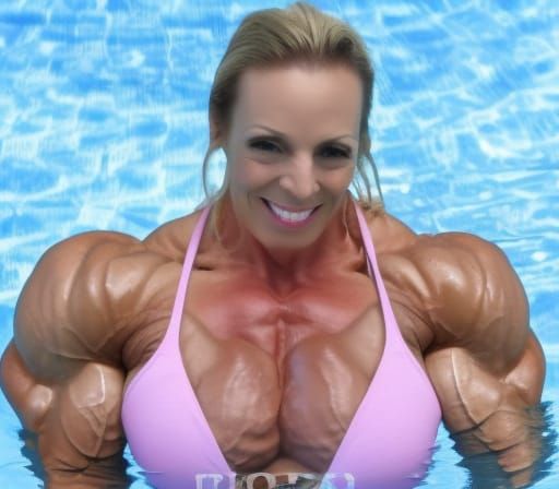 Muscular Bodybuilder Mom at the Swimming Pool