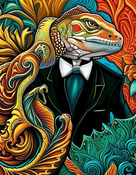 Iguana in Tuxedo: Hyperdetailed Concept Art