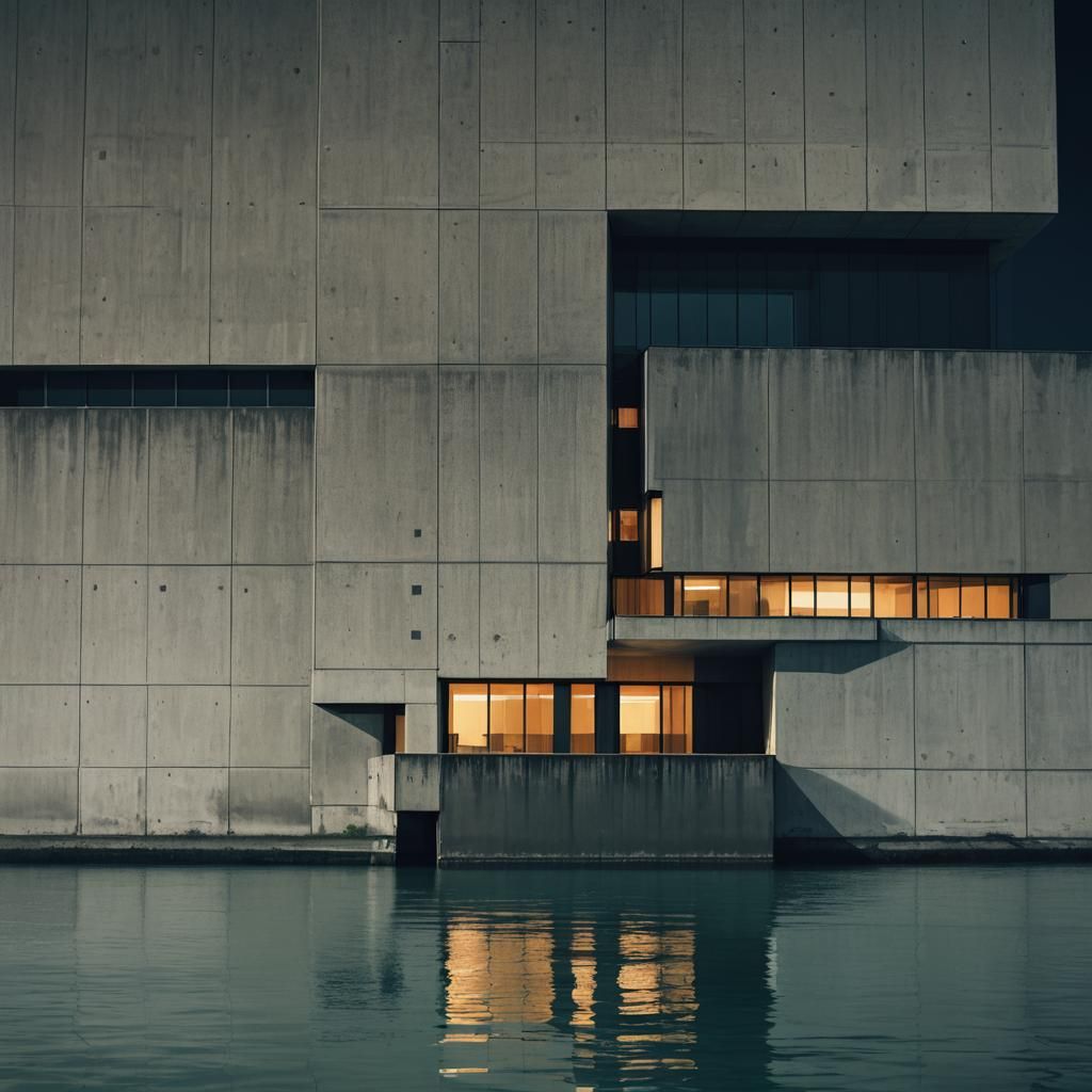 Brutalist Building at Night in Abstract Style