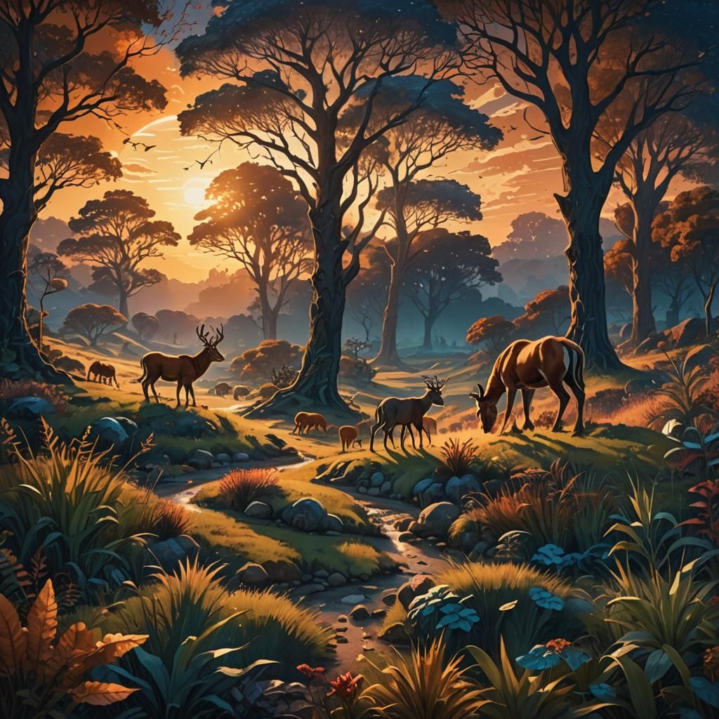 Fantasy Landscape with Grazing Animals, Digital Art
