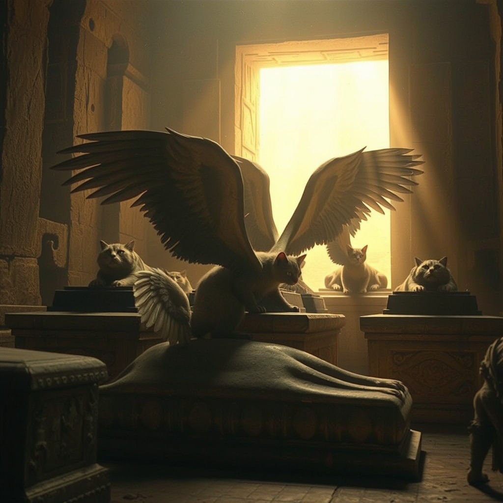 Winged Cats in Ancient Tomb: Cinematic Grandeur