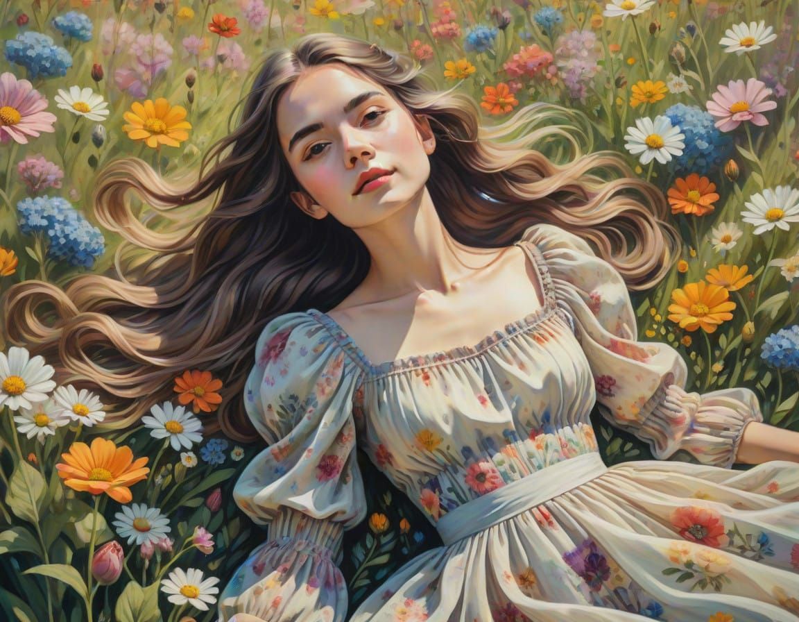Romantic Cottagecore Woman in a Flower Field