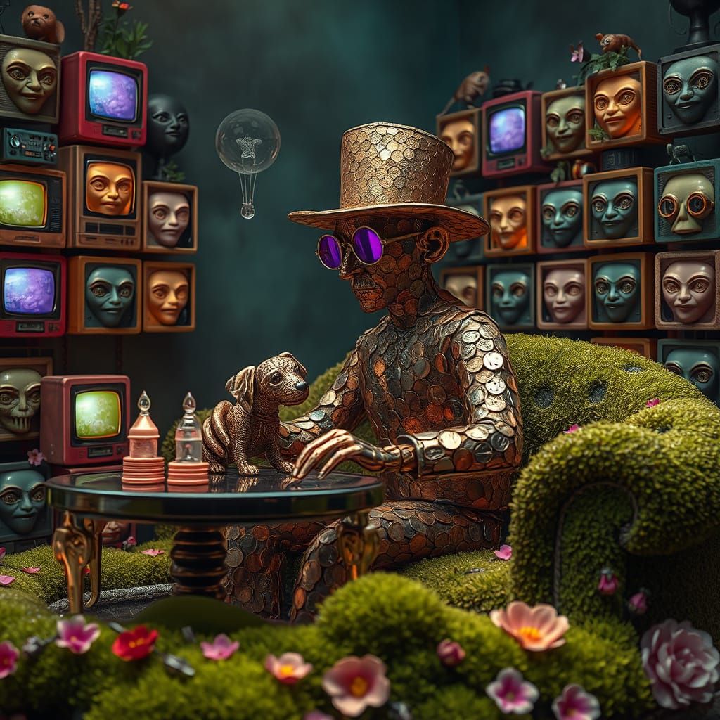 Surreal Man of Pennies and Chrome with Stamp Hat