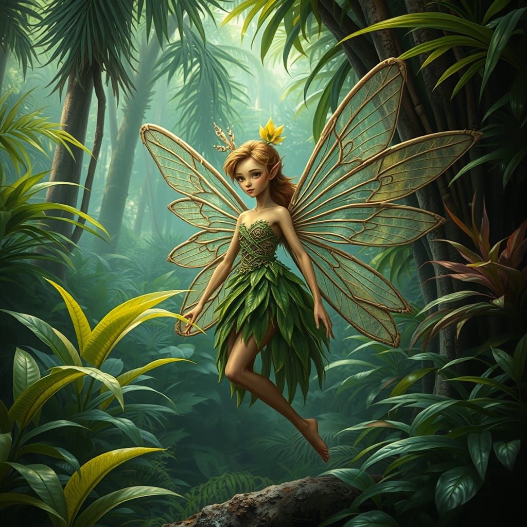 Rattan Fairy in Rainforest, Hyper-Detailed Art