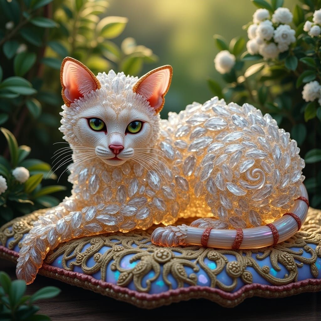 Dreamy Crystal Calico Cat in Whimsical Alphonse Mucha Style