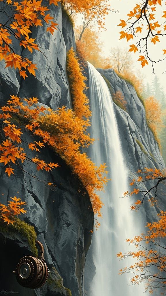 Art Nouveau Waterfall of Maple Leaves with Steampunk Element...