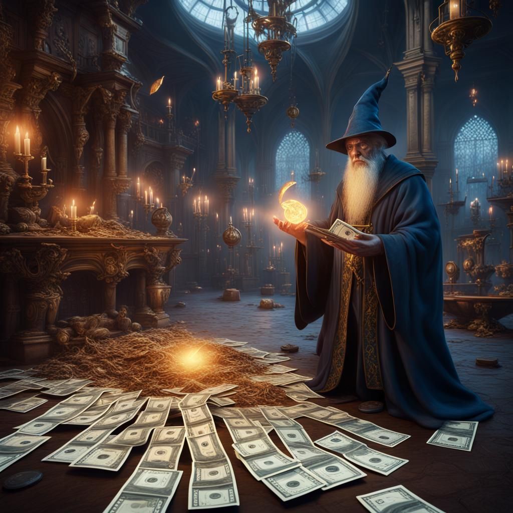 Sorcerer Conjuring Money: Detailed Fantasy Art