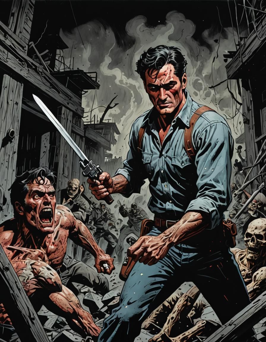 Ash Williams vs Deadites in Comic Noir Style