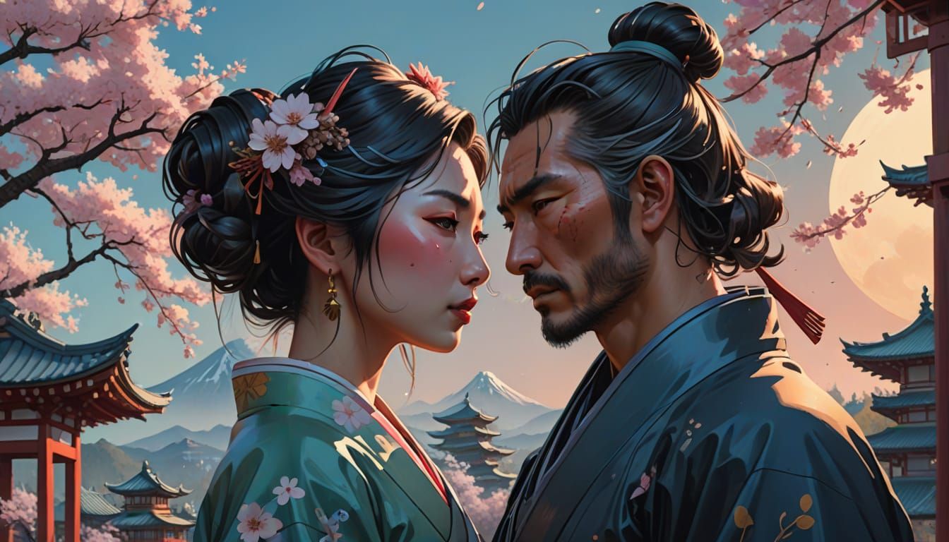 Samurai and Geisha Kiss Under Moonlight in Japanese Art Styl...