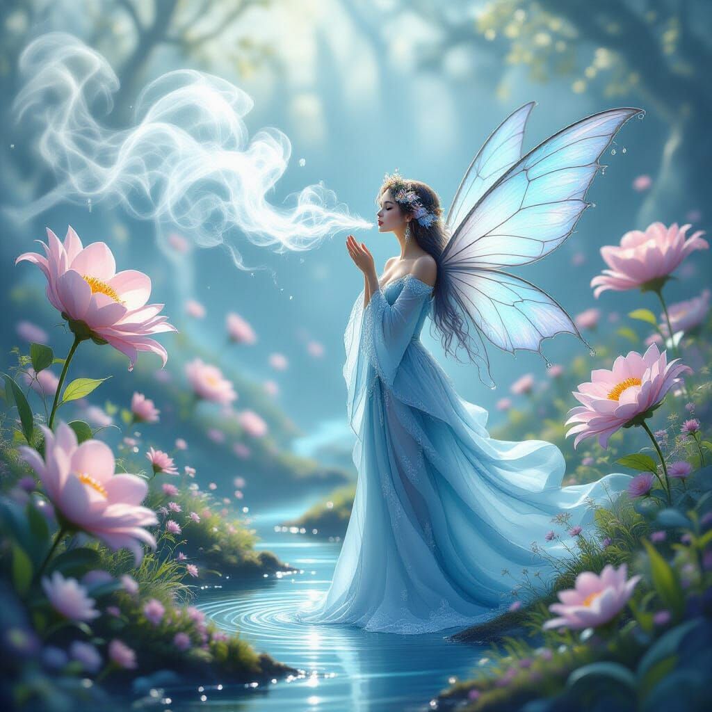 Ethereal Air Fairy Disperses Mist in Fantasy World