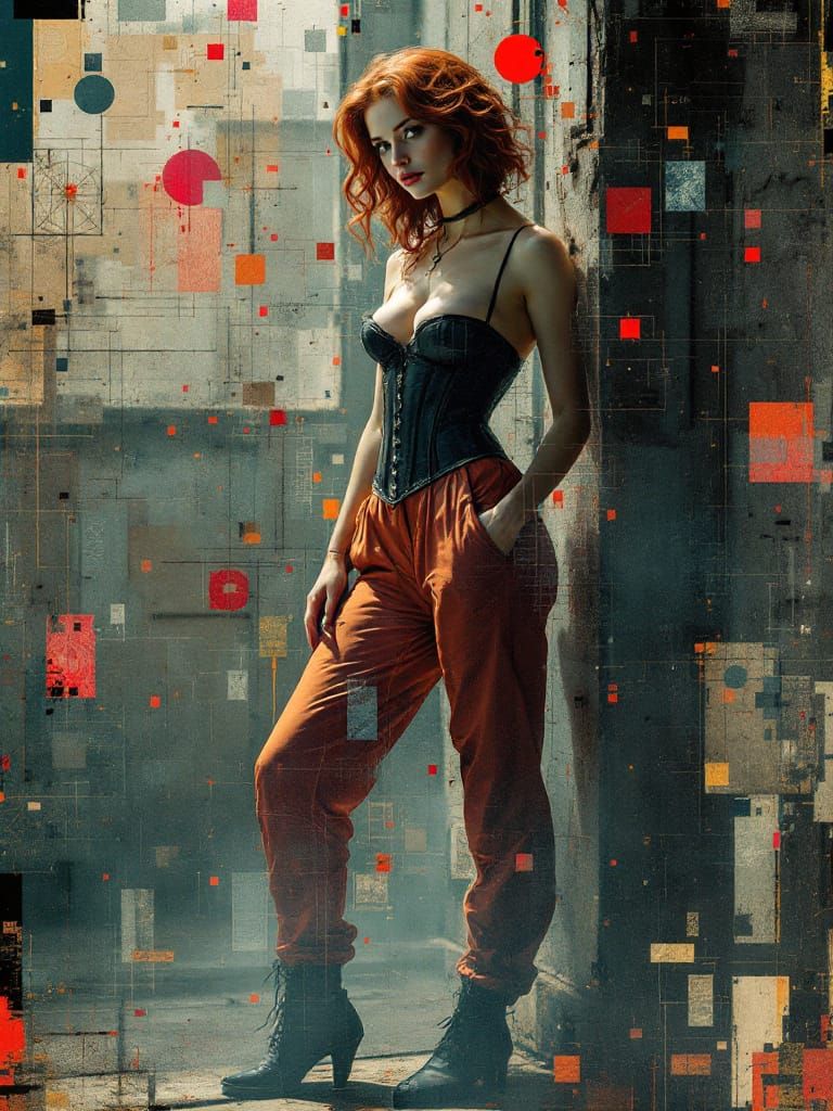 Redhead Pin-Up in Dürer Glitch Style