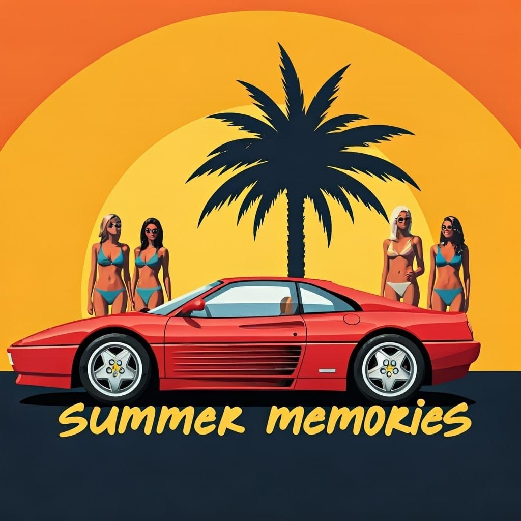 a 90's poster depicting a Ferrari car under a palm tree and ...