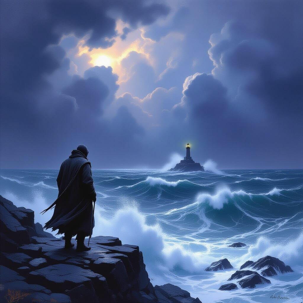 Fisherman on Stormy Cliff Overlooking Tempestuous Sea