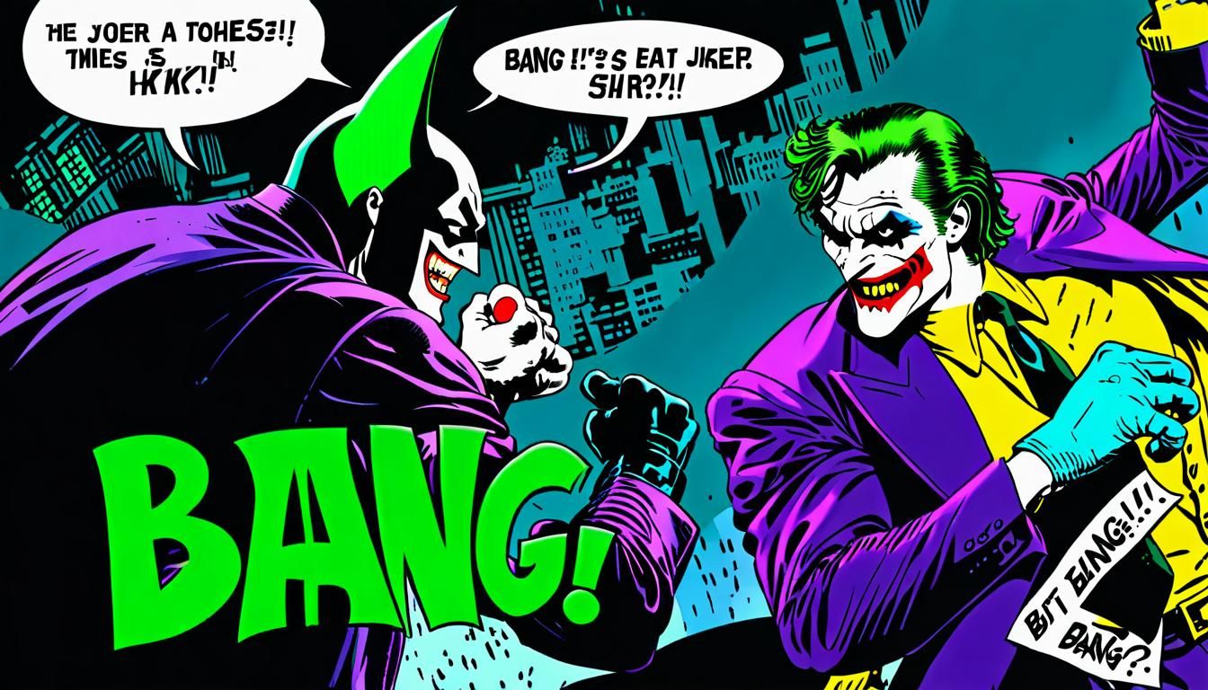 Batman fights Joker (Speech Bubble above). "Biff" "Bang"