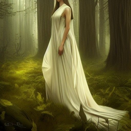Hyperrealistic Queen Kneeling in Sinister Forest Scene
