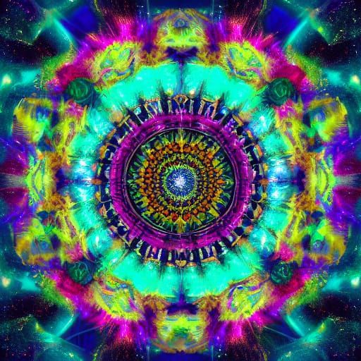 Mystical Being with Cosmic Aura in Vibrant Mixed Media