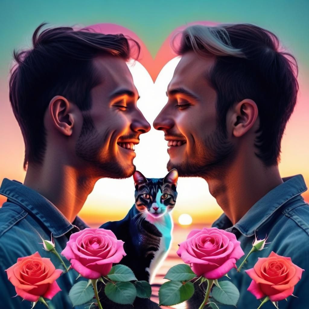 Double exposure: gay men with roses and cat