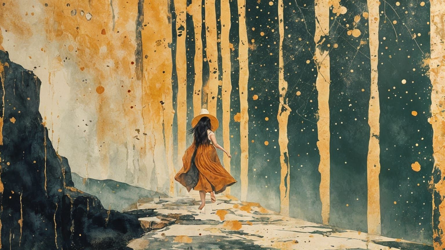 Woman Walks to Freedom in Surrealist Abstract Painting