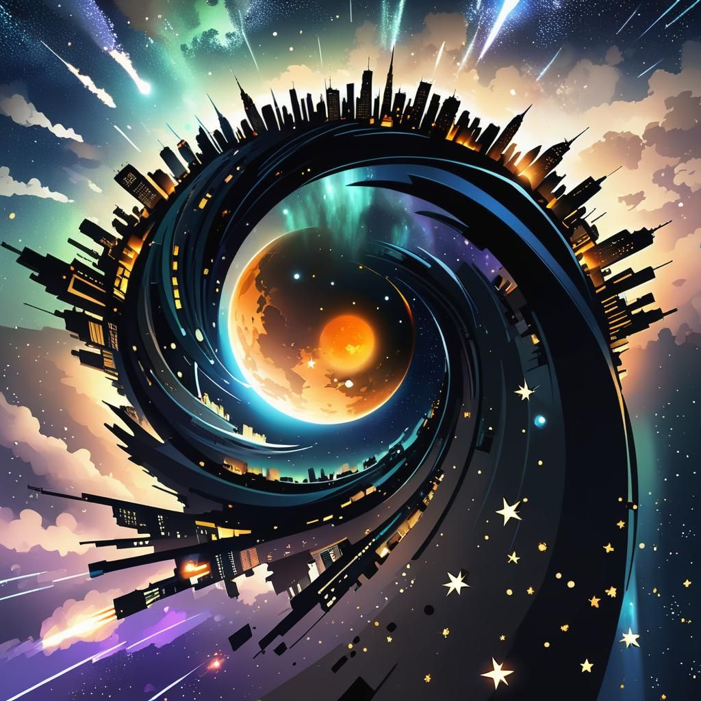 Ephemeral Cityscape at Night with Shooting Stars