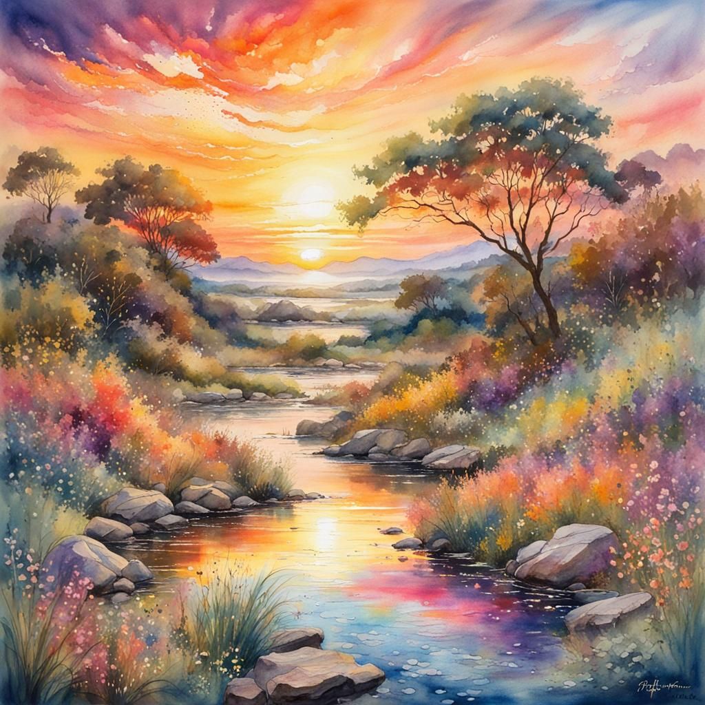 Summer Sunset Landscape: Watercolor Visual Masterpiece