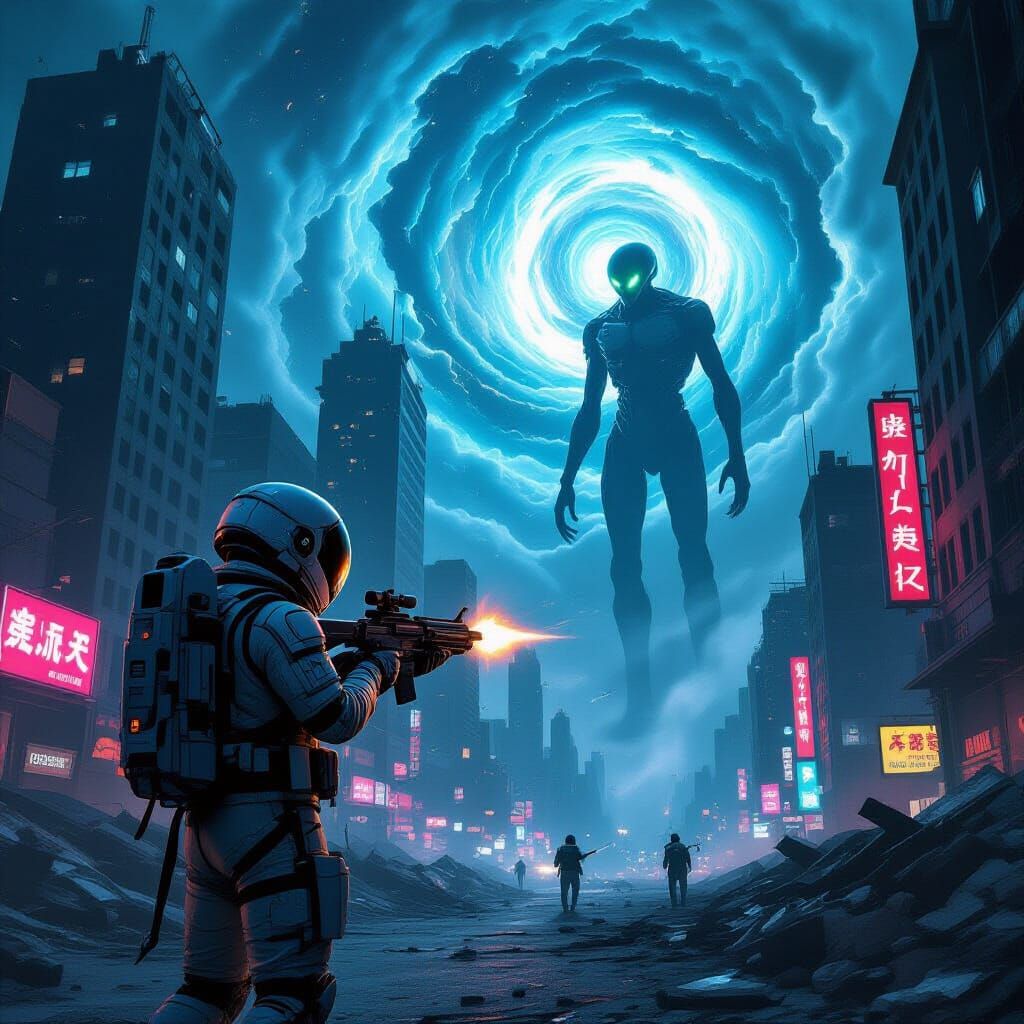 Astronaut in Ruined Cityscape Fighting Aliens