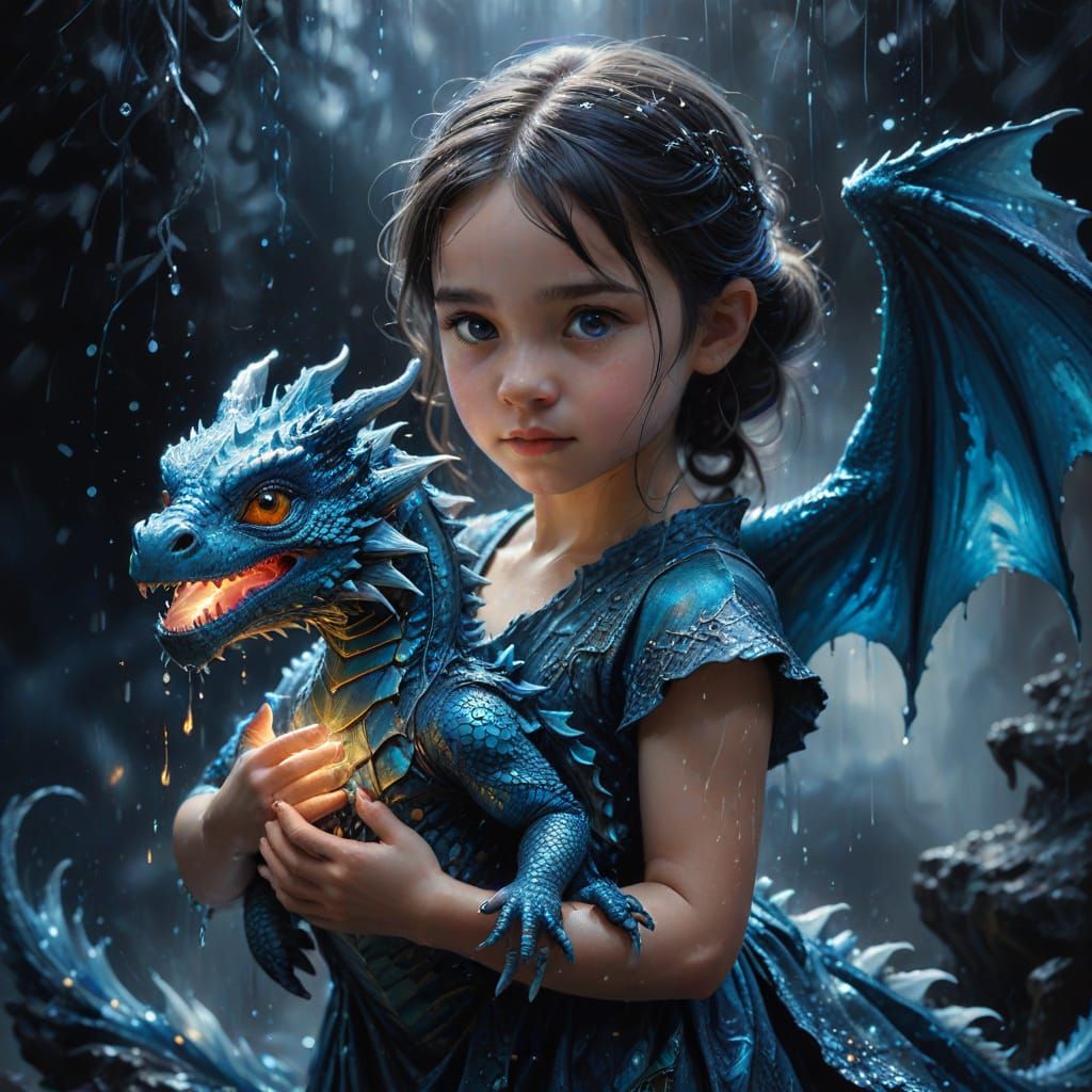 Girl Holds Glowing Dragon in Blue Energy Rain
