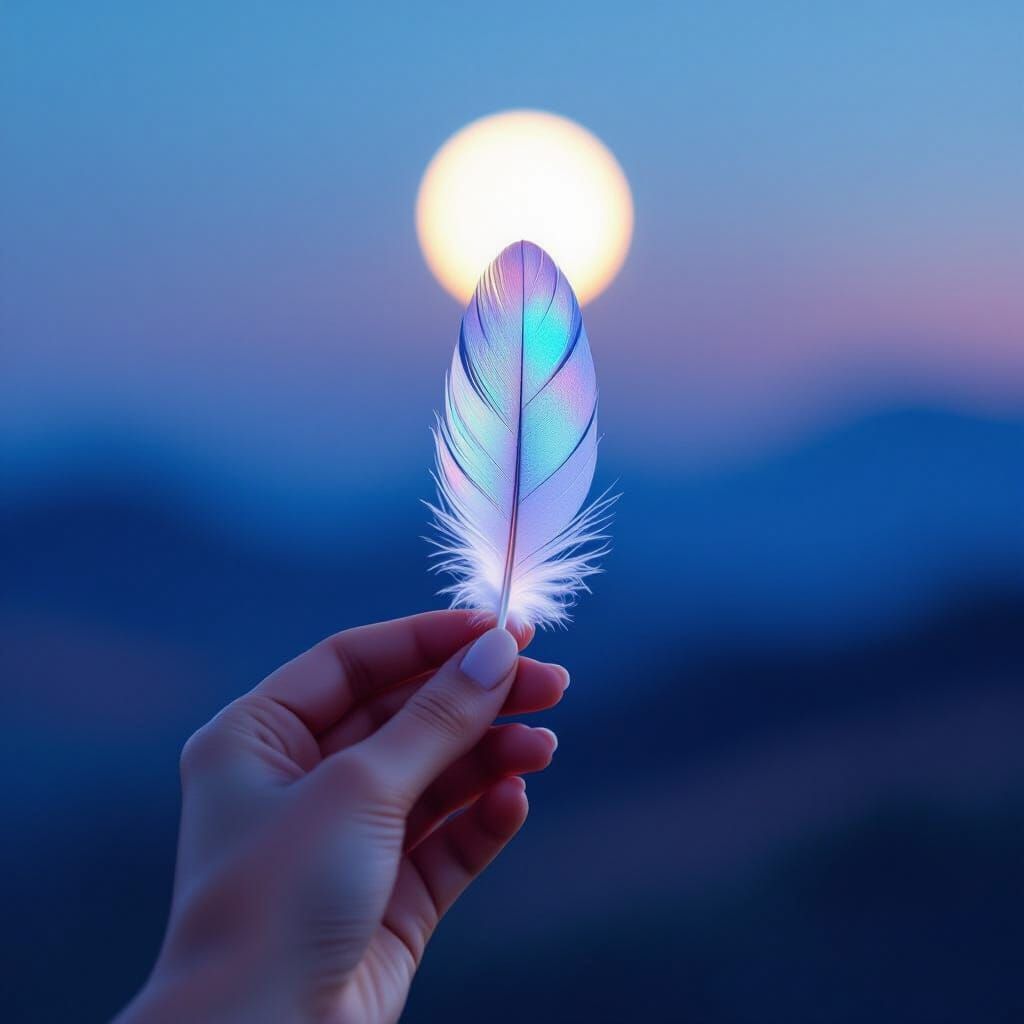 Human Hand Holds Iridescent Feather Under Moonlight