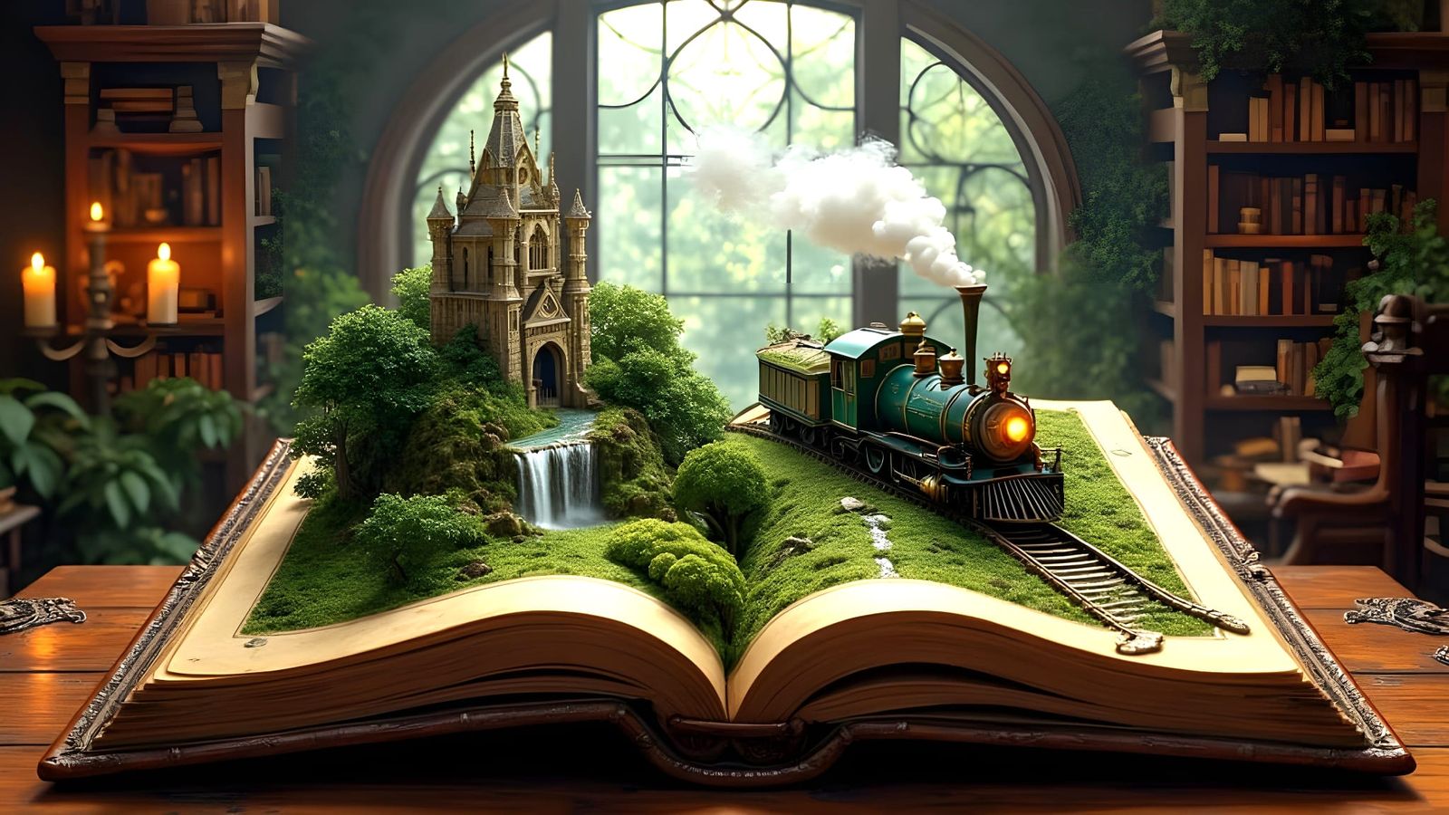 Whimsical Enchanted Forest in a Massive, Antique Book