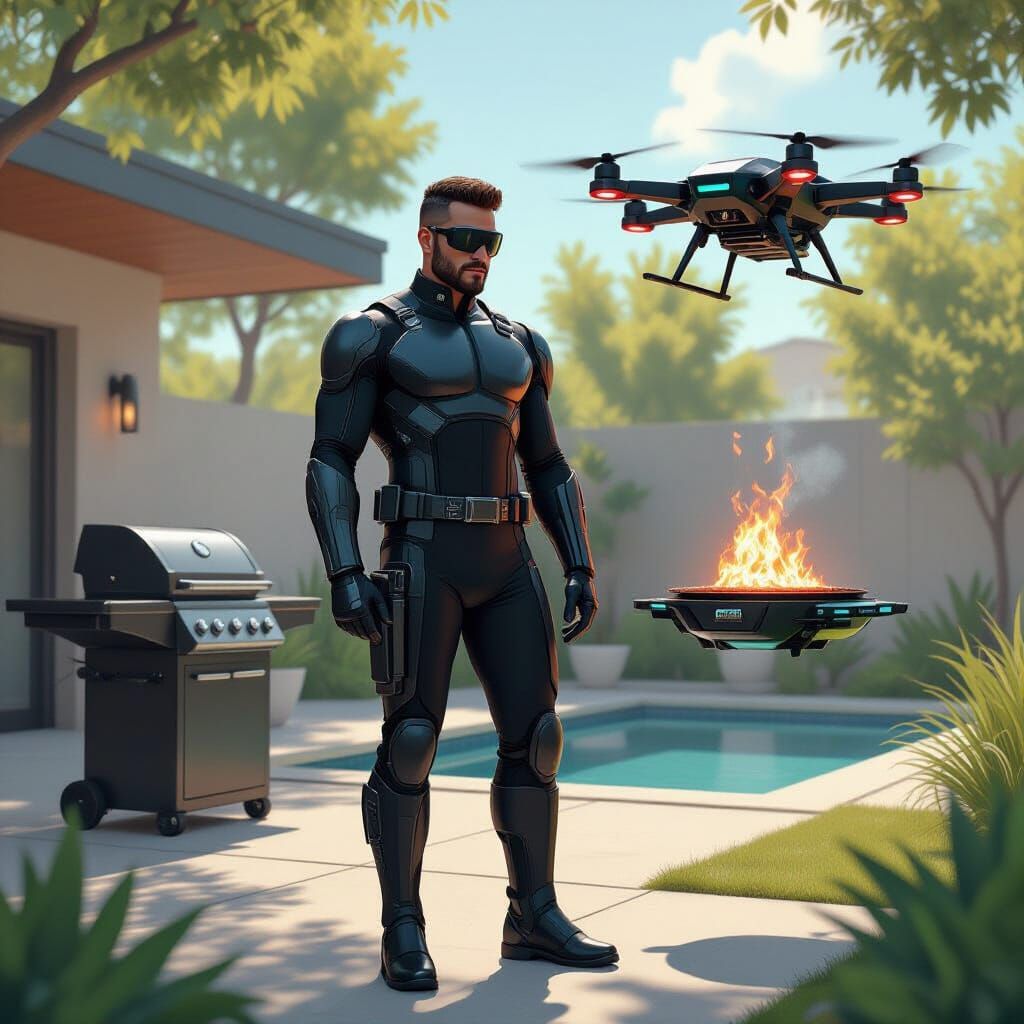 Futuristic Black Dad with Cyber Toolbelt and BBQ Drone