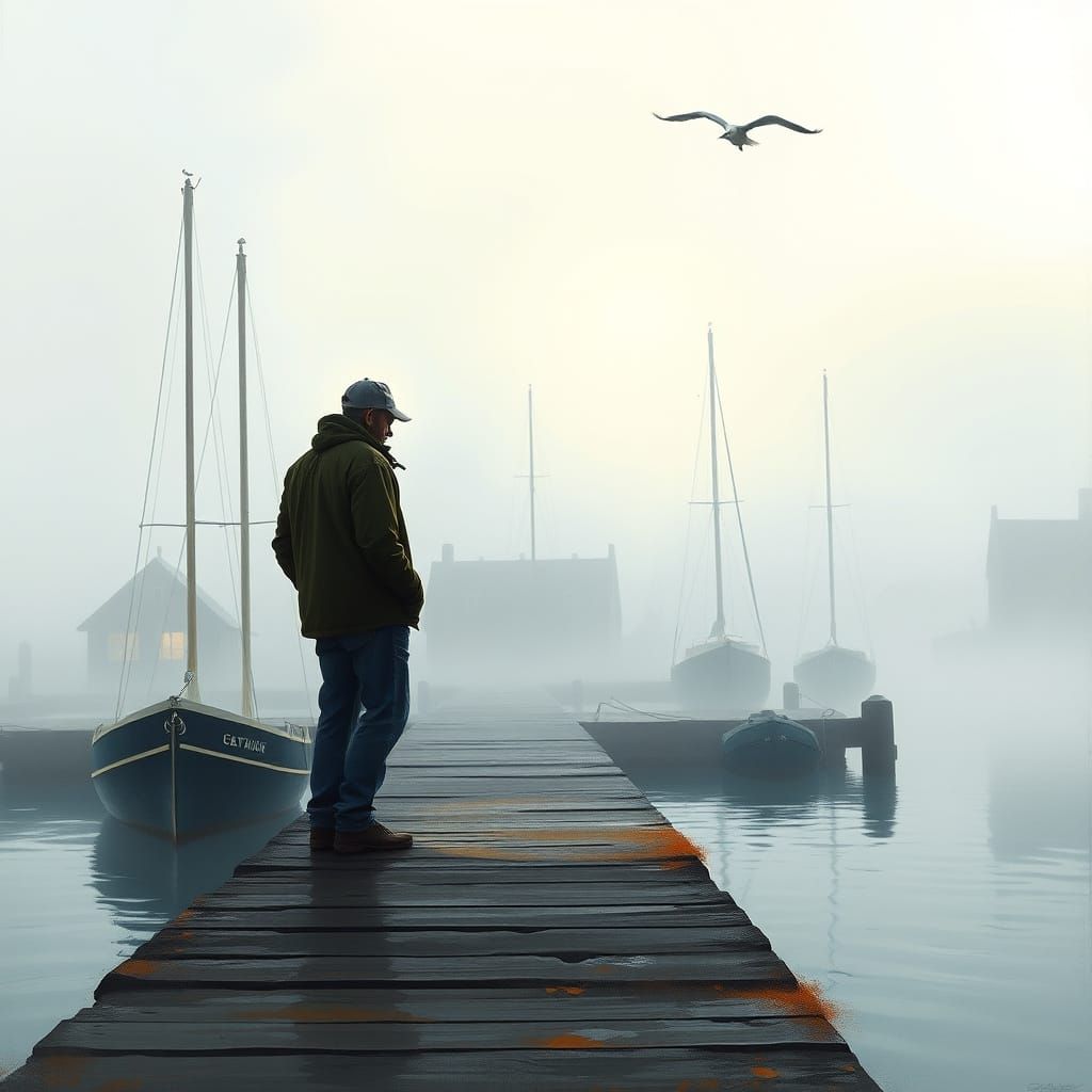 Lone Fisherman on Foggy Pier at Dawn, Painterly Style