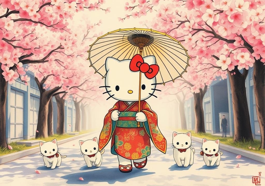 Hello Kitty in Ukiyo-e Cherry Blossom Scene