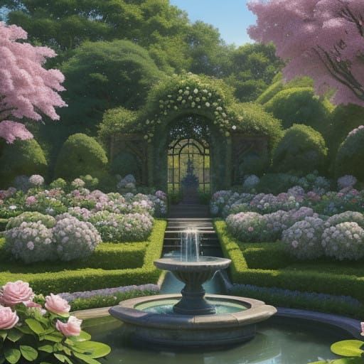 Surreal Garden Oasis with Hyper-Realistic Architectural Desi...